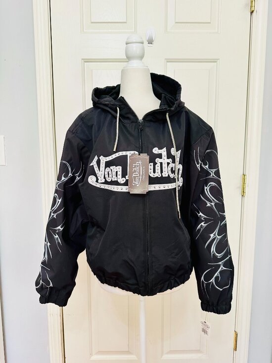 VON DUTCH RHINESTONE STUDDED FULL ZIP HOODED WINDBREAKER LIGHT JACKET BLACK XL - Picture 2 of 10